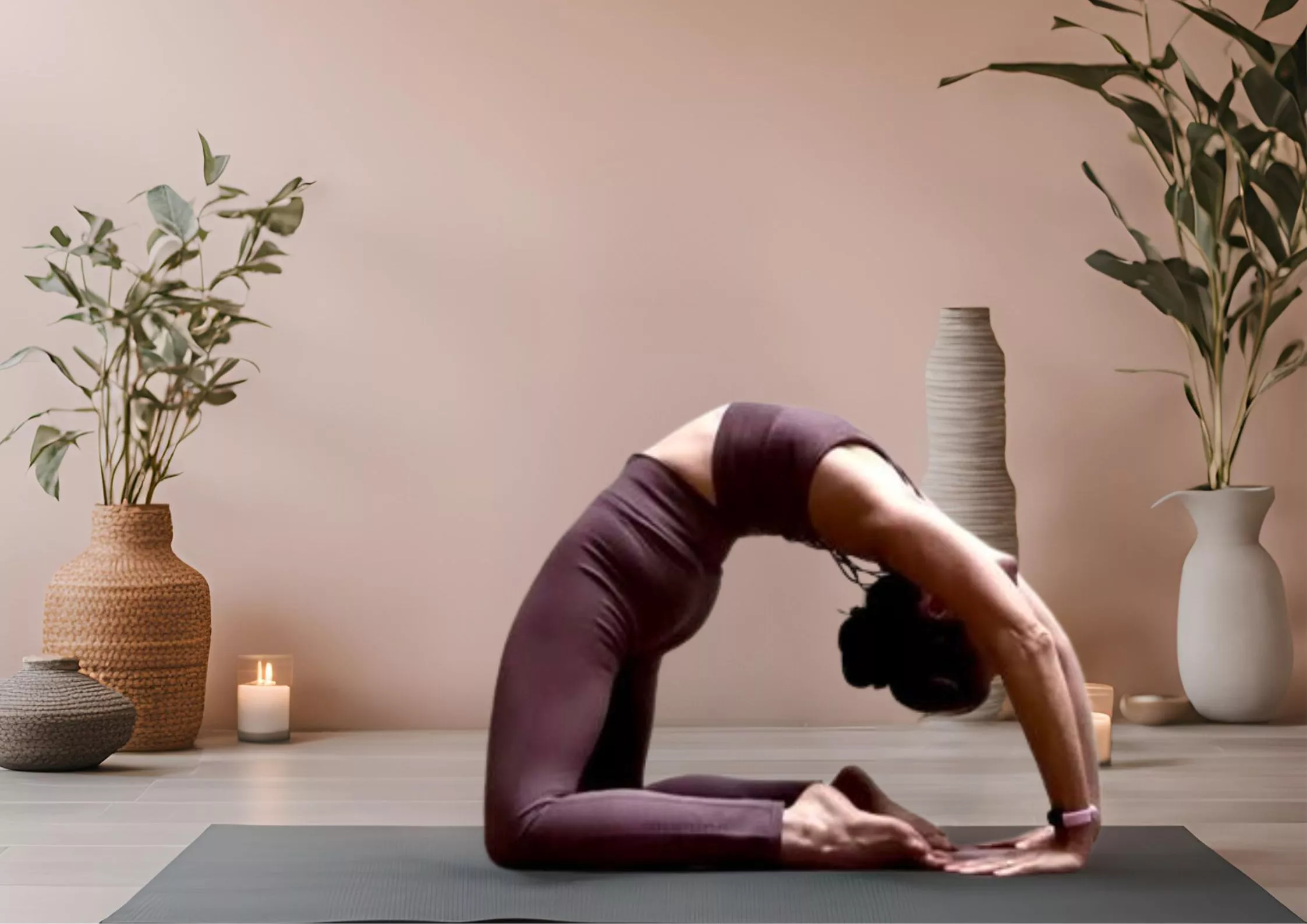 Posture Kapotasana dans une tenue de yoga rose 